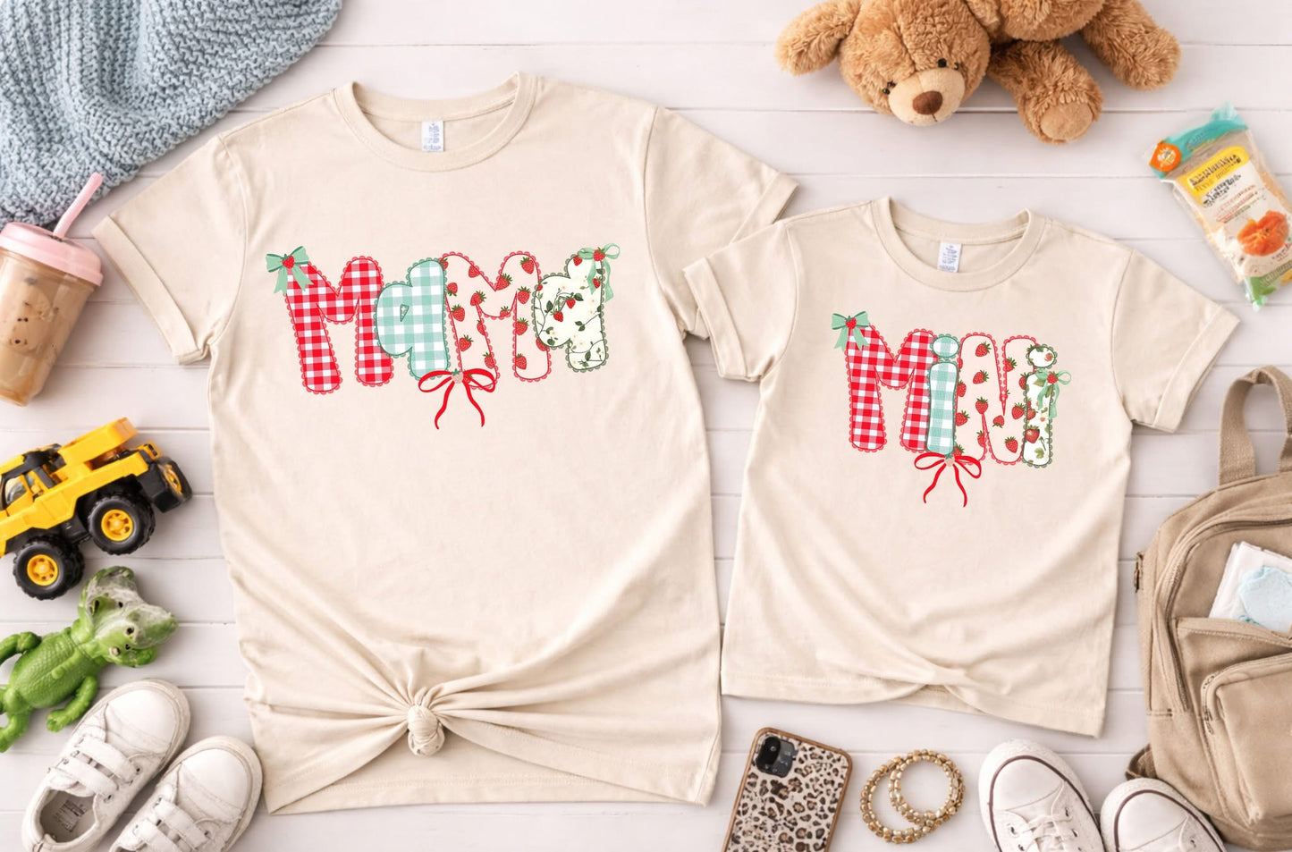 Mama & Mini Matching Strawberry Patchwork Tees | Mommy and Me Shirts | Matching Mom Daughter Outfit | Cute Summer Set