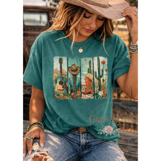 Western Desert Cactus Guitar Boots Graphic Tee | Boho Country Cowgirl Shirt