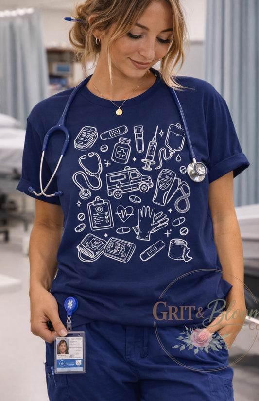 Nurse Doodle Shirt | Medical Icons Healthcare Worker Tee