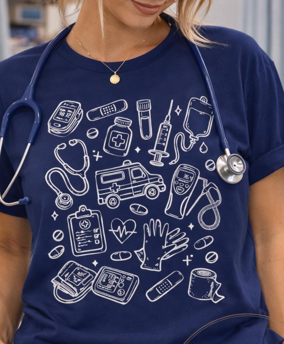 Nurse Doodle Shirt | Medical Icons Healthcare Worker Tee