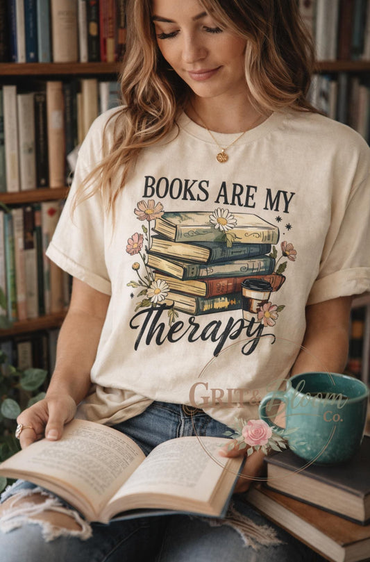 Books Are My Therapy Shirt | Floral Stack Graphic Tee, Book Lover Gift