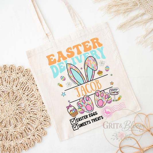 Personalized Easter Bunny Tote Bag | Kids Basket Alternative, Custom Name Canvas Bag