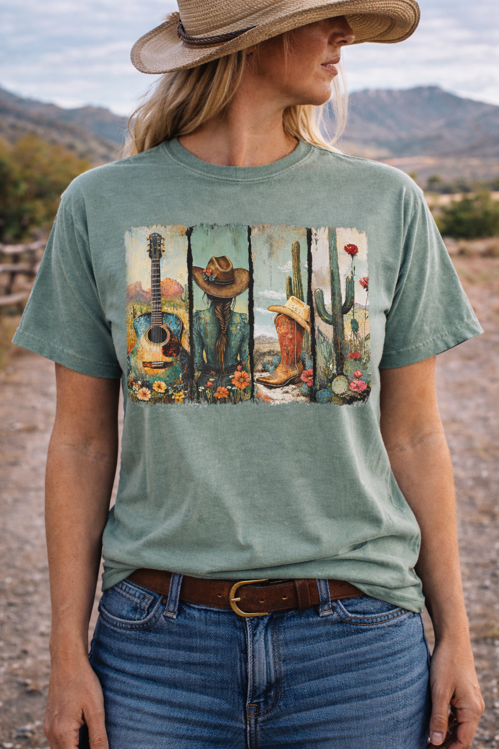 Western Desert Cactus Guitar Boots Graphic Tee | Boho Country Cowgirl Shirt