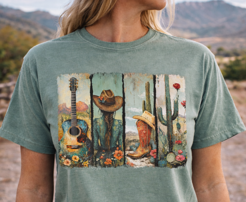 Western Desert Cactus Guitar Boots Graphic Tee | Boho Country Cowgirl Shirt