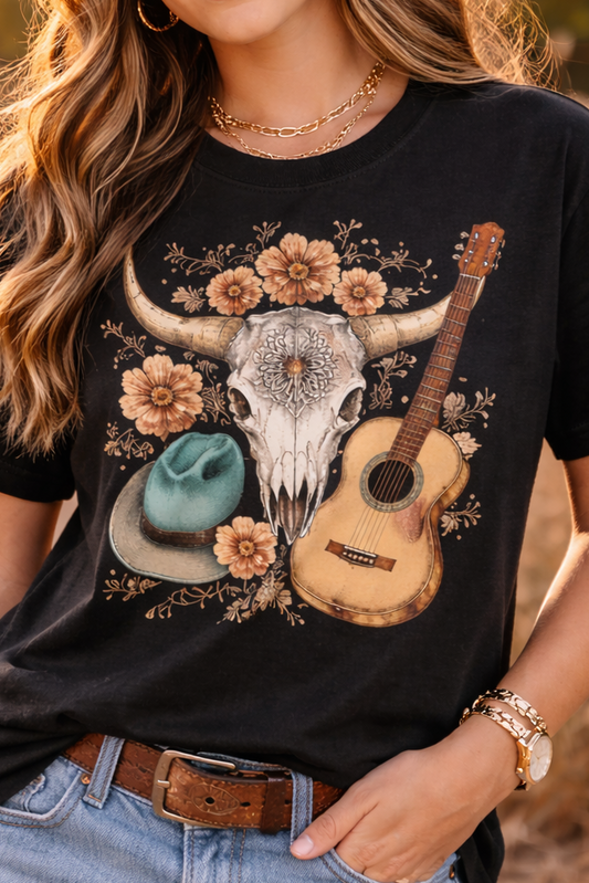 Western Cow Skull Graphic Tee | Boho Floral Country Shirt