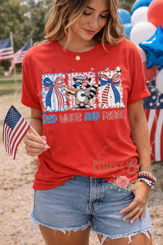 Red White Feral Raccoon Shirt | Funny Patriotic 4th of July Tee