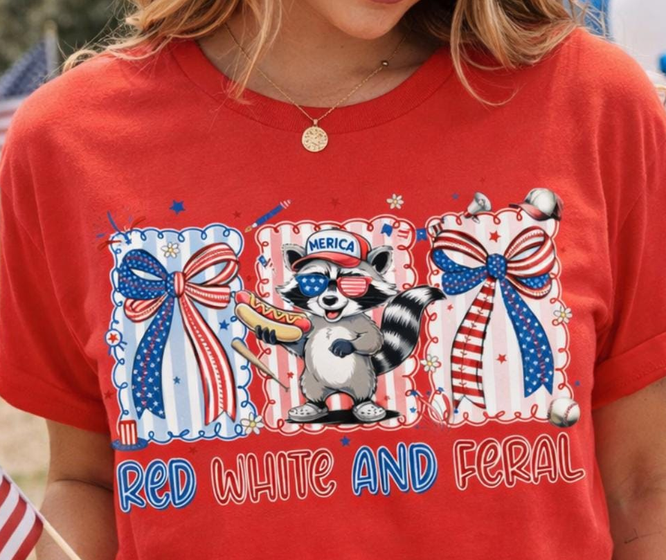 Red White Feral Raccoon Shirt | Funny Patriotic 4th of July Tee